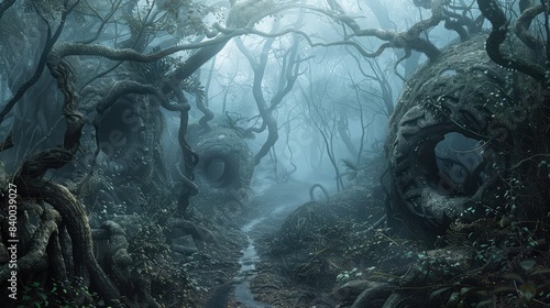 A dense  fog-filled forest with paths that twist and turn  leading to hidden nooks and mysterious  oversized objects that defy explanation.