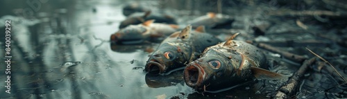  a group of dead fish along the bank of a river with dark polluted water