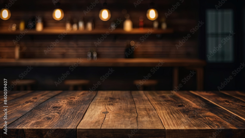 Empty dark wooden table top on blurred bar or restaurant background with warm lighting. Banner with copy space. Template showcase scene for display, montage, advertising product. Empty dark wooden table top on blurred bar or restaurant background with warm lighting. Banner with copy space. Template showcase scene for display, montage, advertising product.