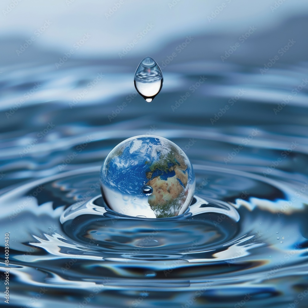 The concept of World Water Day with the image of the world in the form of a drop of clean water and fresh blue ripples on the water, the concept of environmental conservation. The concept of World Water Day with the image of the world in the form of a drop of clean water and fresh blue ripples on the water, the concept of environmental conservation.