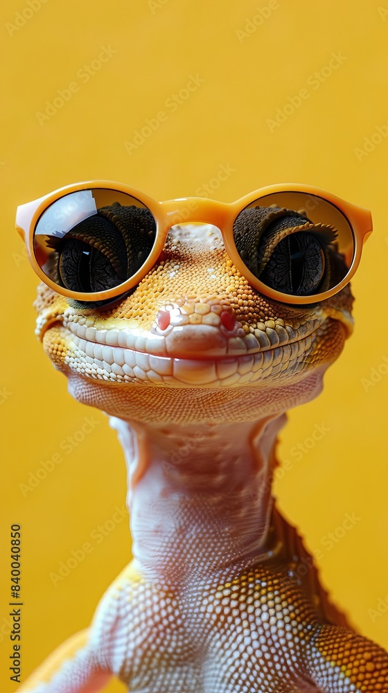 Stylish gecko with sunglasses on yellow background Stylish gecko with sunglasses on yellow background