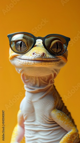 Stylish gecko with sunglasses on yellow background
