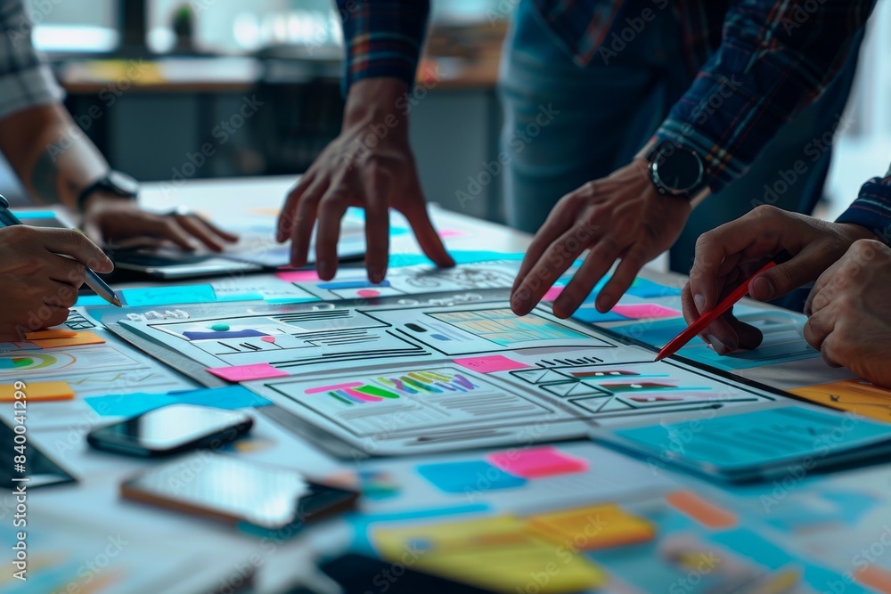 Close up ux developer and ui designer brainstorming at office. Creative digital development agency Close up ux developer and ui designer brainstorming at office. Creative digital development agency