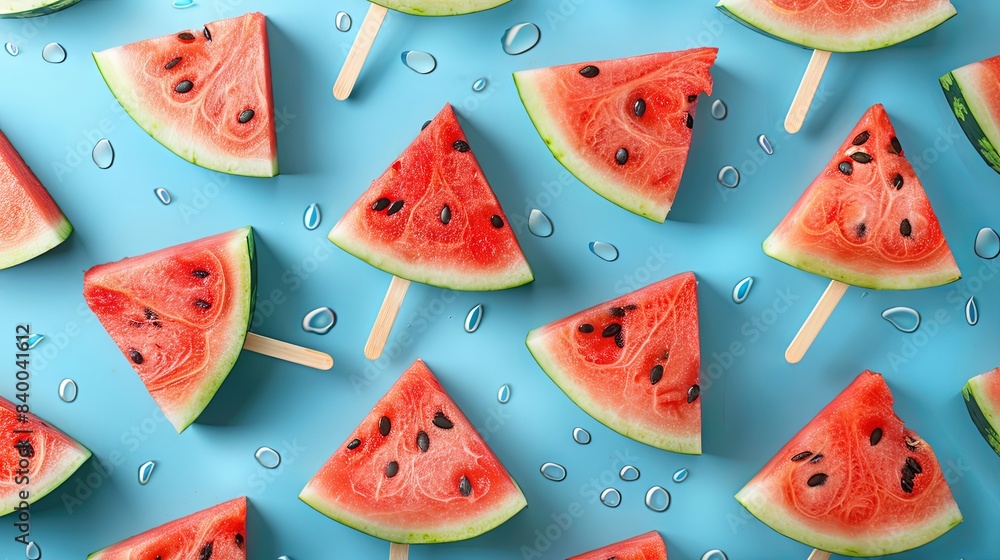 Watermelon triangles on wooden sticks, blue background Watermelon triangles on wooden sticks, blue background