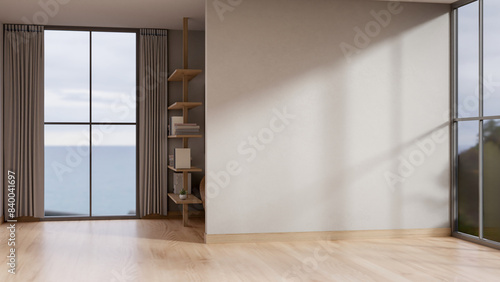 Fototapeta Naklejka Na Ścianę i Meble -  The interior design of a contemporary apartment room features a white wall and a parquet floor.
