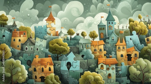 A digital illustration of a whimsical world where the houses and trees are all shaped like puzzle pieces photo