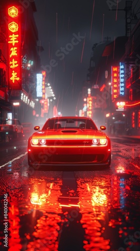 Futuristic Sport Car on the cityscape. Powerful acceleration of super cars on night tracks with colorful lights and tracks.