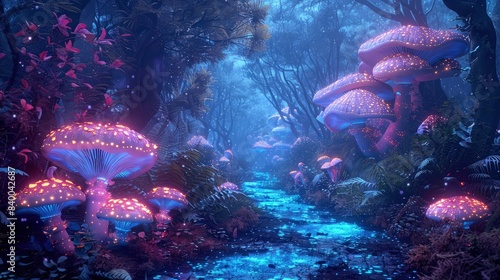 A fantasy forest path where bioluminescent neon mushrooms and foliage create a magical trail, inviting exploration into a luminous, enchanted woodland.