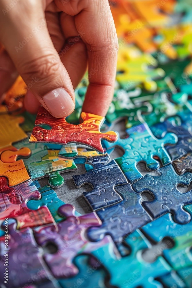 hand putting the finishing touches on a jigsaw puzzle. hand putting the finishing touches on a jigsaw puzzle.
