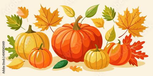 Set of autumn leaves and pumpkins in watercolor style © Yauhen