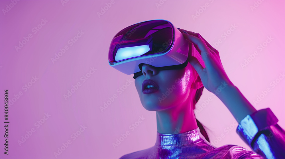 woman with VR glasses, cyber technology, fashion, purple tone woman with VR glasses, cyber technology, fashion, purple tone