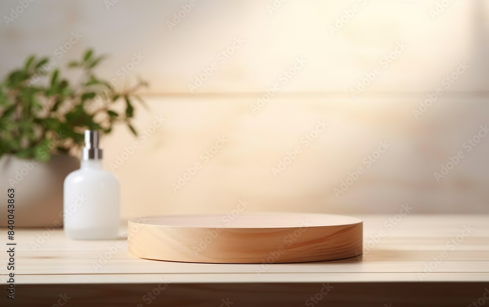 Organic natural eco concept. Empty wooden podium with plants on table over blurred bathroom background for product placement, shadows, soft sunlight. AI Generative. Organic natural eco concept. Empty wooden podium with plants on table over blurred bathroom background for product placement, shadows, soft sunlight. AI Generative.