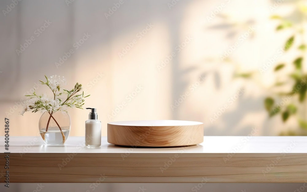 Organic natural eco concept. Empty wooden podium with plants on table over blurred bathroom background for product placement, shadows, soft sunlight. AI Generative. Organic natural eco concept. Empty wooden podium with plants on table over blurred bathroom background for product placement, shadows, soft sunlight. AI Generative.