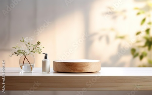 Organic natural eco concept. Empty wooden podium with plants on table over blurred bathroom background for product placement  shadows  soft sunlight. AI Generative.