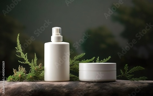Organic treatment concept. Mockup with off white cosmetic dispensers and cream jar with plants like branches, moss and leaves. AI Generative.