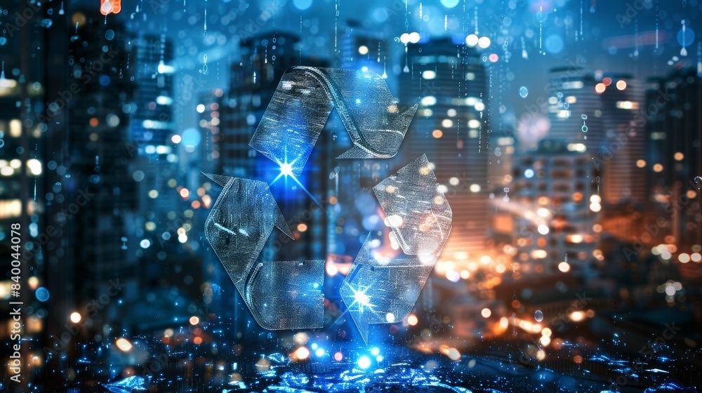 An inspiring photorealistic artwork of the recycling symbol radiating light amidst a vibrant cityscape, An inspiring photorealistic artwork of the recycling symbol radiating light amidst a vibrant cityscape,