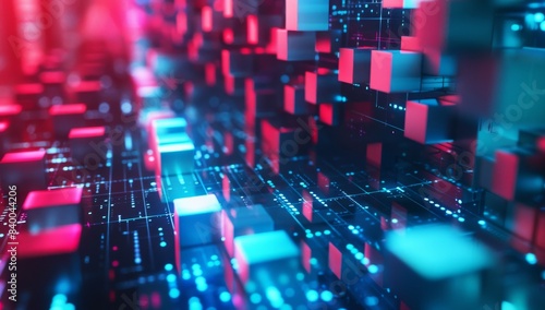 Abstract background with glowing neon red and blue cubes in perspective, creating an atmosphere of digital technology and futuristic space exploration