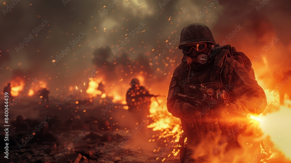 Soldier stands among toppled enemies with a lit flamethrower. Generative AI. Soldier stands among toppled enemies with a lit flamethrower. Generative AI.