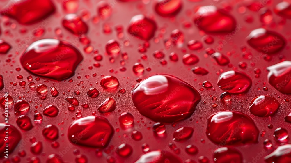 water droplets on a vibrant red surface, showcasing the droplets' intricate reflections and the surface's rich color. water droplets on a vibrant red surface, showcasing the droplets' intricate reflections and the surface's rich color.