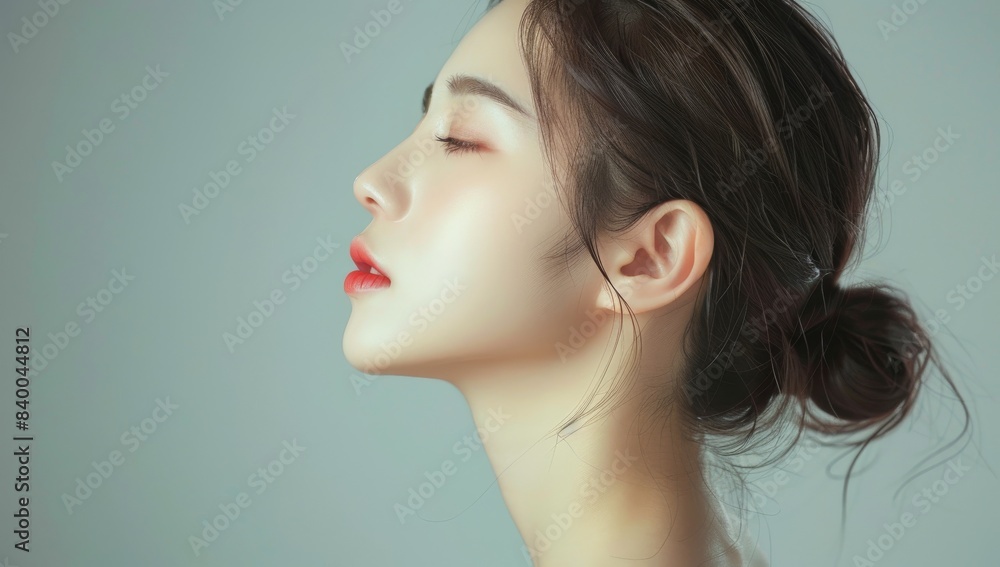 Beautiful Asian woman with perfect skin, portrait of beautiful young model posing on gray background with closed eyes and open mouth in profile, skin care concept, close up side view Beautiful Asian woman with perfect skin, portrait of beautiful young model posing on gray background with closed eyes and open mouth in profile, skin care concept, close up side view