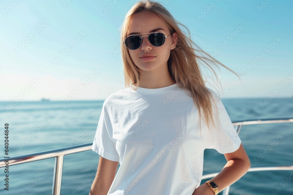 Beautiful blonde girl in sunglasses and white tshirt on yacht, posing for camera. Travel image summer vacation Beautiful blonde girl in sunglasses and white tshirt on yacht, posing for camera. Travel image summer vacation