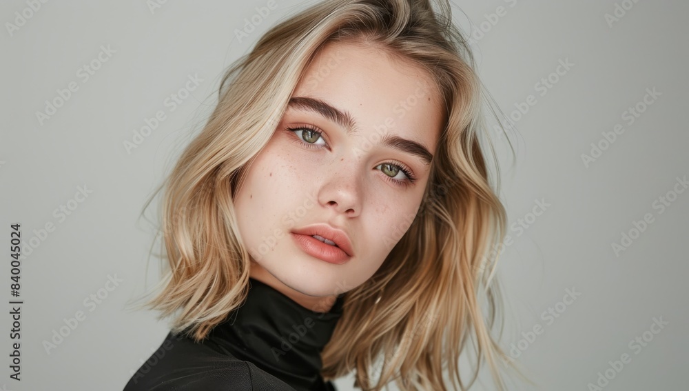 Fototapeta premium Beautiful young woman with flawless skin. Portrait of a beautiful model wearing natural nude makeup and stroking her face. Spa, skincare, and wellbeing. Close up. On a pure white background