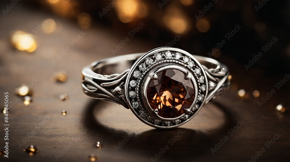 A stunning ring design adorned with a bright brown gemstone glimmering in the light A stunning ring design adorned with a bright brown gemstone glimmering in the light