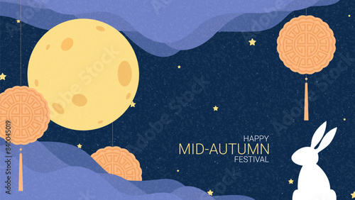 Mid-Autumn Festival card. Creative Mooncake Festival bacnner. Flat vector illustration with rabbit, clouds, moon, mooncakes and stars. Minimal art banner for Chinese, Korean, Asian festival.