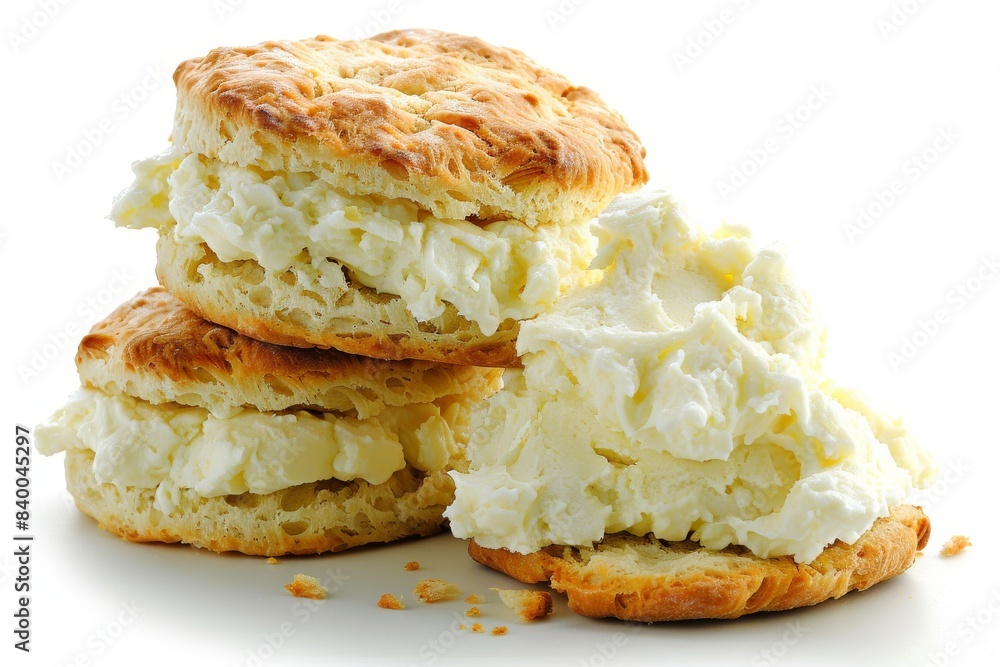Cream filled scones on a white background, a delightful and indulgent treat perfect for any occasion Cream filled scones on a white background, a delightful and indulgent treat perfect for any occasion