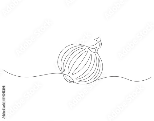 Continuous one line drawing of onion for grocery store. One line drawing illustration of red onion vegetable. Raw vegetable concept continuous line art. Editable outline.