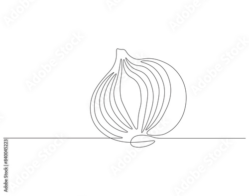 Continuous one line drawing of onion for grocery store. One line drawing illustration of red onion vegetable. Raw vegetable concept continuous line art. Editable outline.