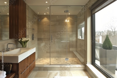 Minimalist Bathroom with Glass Shower  Bathroom with a glass shower and minimal design