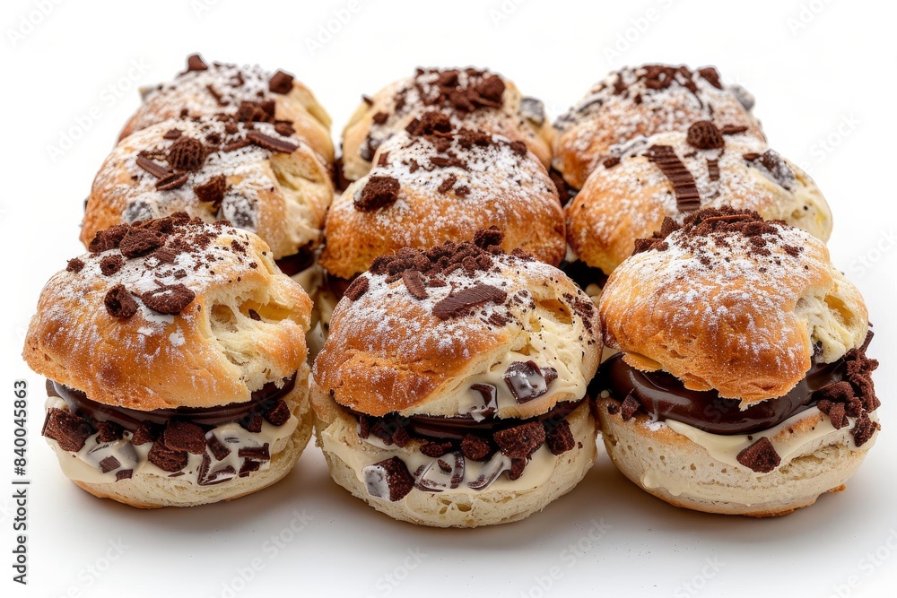 Chocolate cream puffs with powdered sugar on a white background, a delightful and indulgent dessert perfect for any occasion Chocolate cream puffs with powdered sugar on a white background, a delightful and indulgent dessert perfect for any occasion