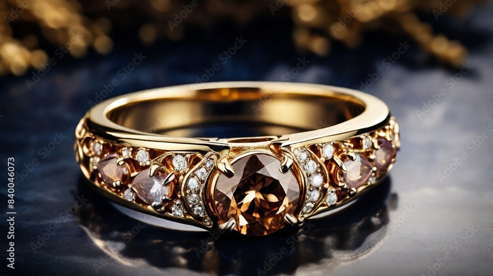 A stunning ring design adorned with a bright brown gemstone glimmering in the light A stunning ring design adorned with a bright brown gemstone glimmering in the light