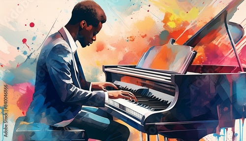 Male jazz or classical musician pianist playing a piano in a vintage abstract distressed style painting background for a poster or flyer