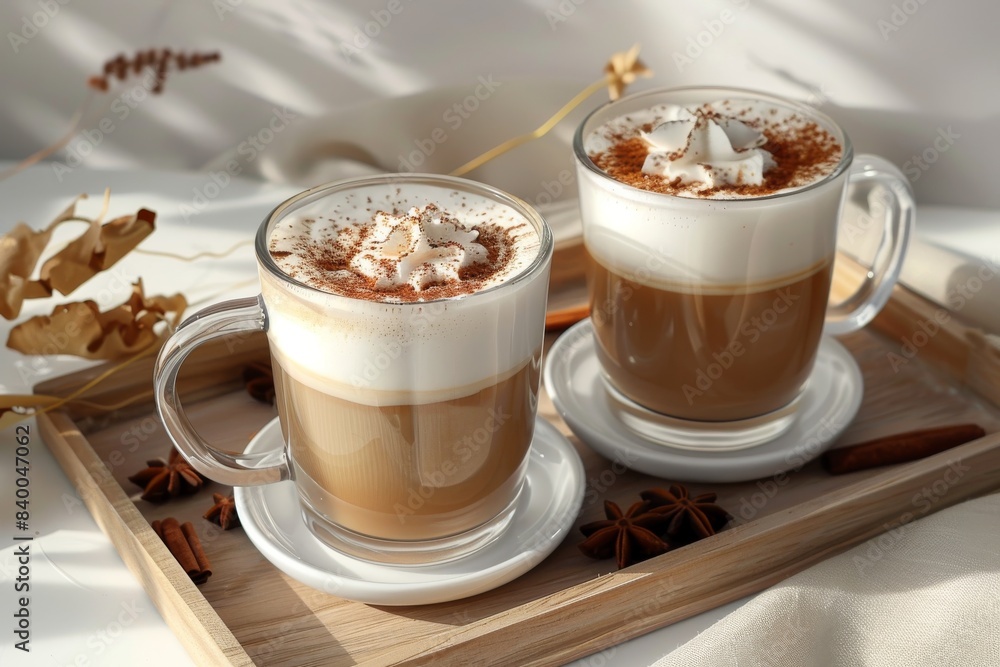 Two glass mugs of creamy lattes with whipped cream, perfect for a cozy coffee break at home Two glass mugs of creamy lattes with whipped cream, perfect for a cozy coffee break at home