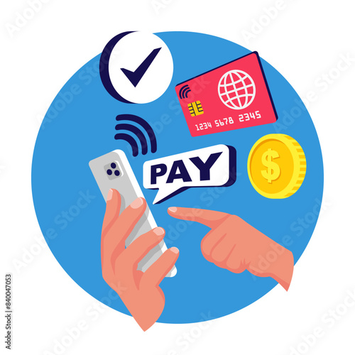 Payment with smartphone. Mobile payment icon icon for apps and websites. Phone in hand. Vector illustration flat design. Isolated on white background. Contactless purchase.