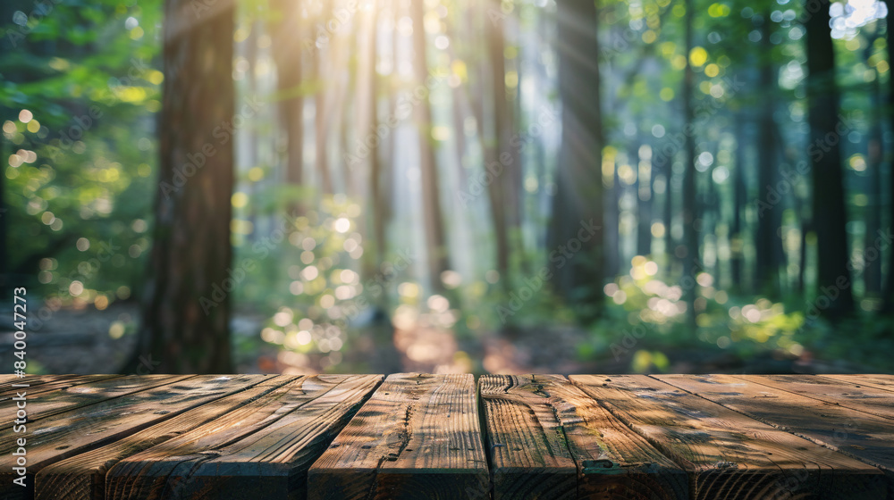Empty wooden table top with blurred forest background, exuberant illustration Empty wooden table top with blurred forest background, exuberant illustration