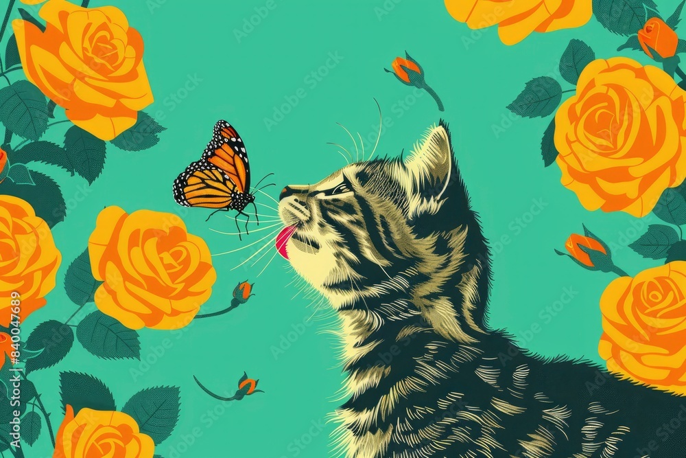 Obraz premium A kitten playing with a butterfly near a rose bush