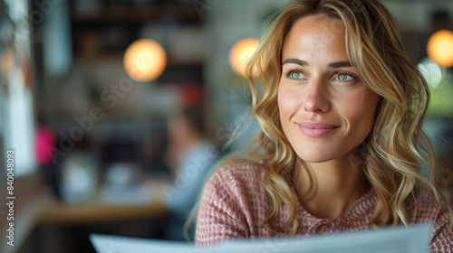 A woman with long blonde hair sits in a cafe, her eyes looking off to the side, lost in thought. The warm lighting and soft focus create a peaceful atmosphere