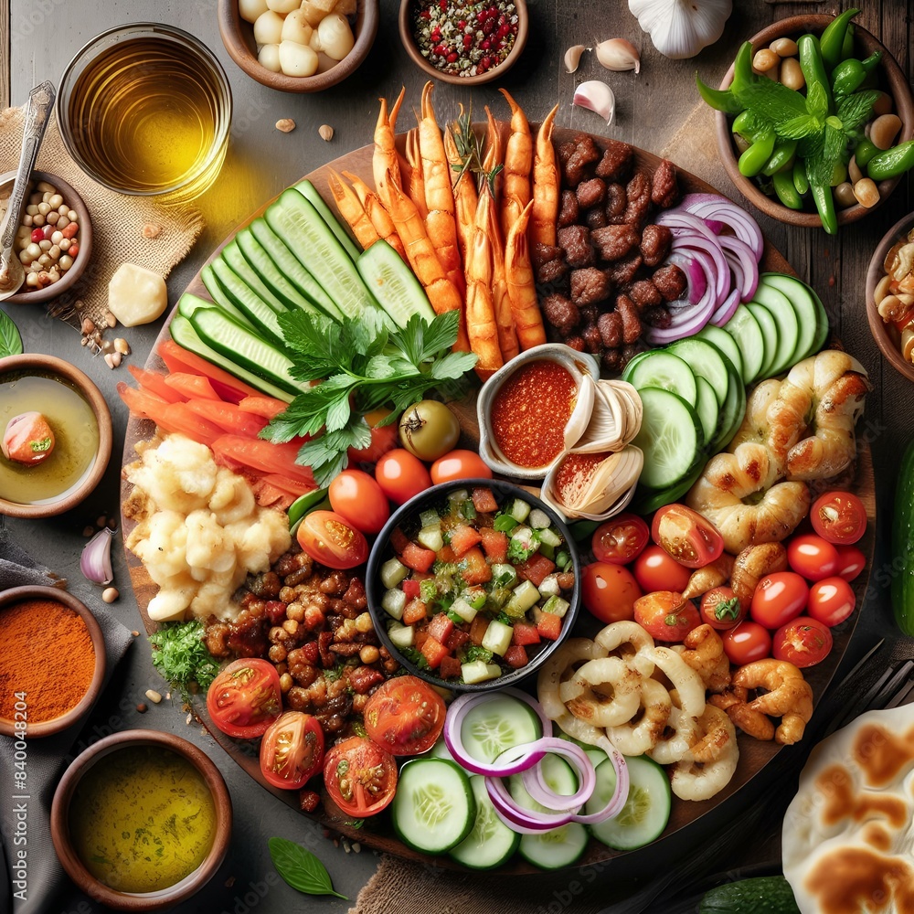 Lebanese mezze meal on top of wooden table top down view created. Lebanese mezze meal on top of wooden table top down view created.