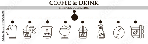 Coffee drink line icon collection. With icon of bar,cake, time to coffee, mug, latte machine, relax on coffee and more. For sign, symbol, infographics, presentation or web graphic