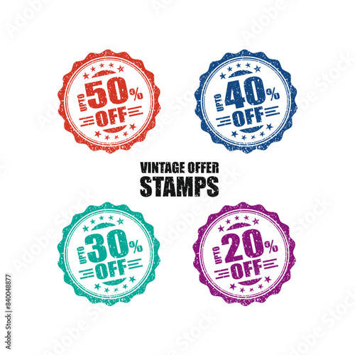 50 Percent Off, 50%, 40%, 30% Vintage Round Stamp Vector Design. Retail, Sales, Promotional, Marketing, Advertising