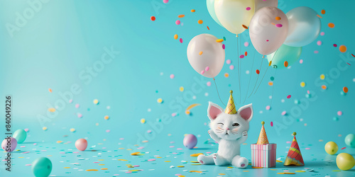Lustiges Tier mit Luftballon auf farbigen Hintergrund. Einladungskarte für Baby oder Kindergeburtstag. photo
