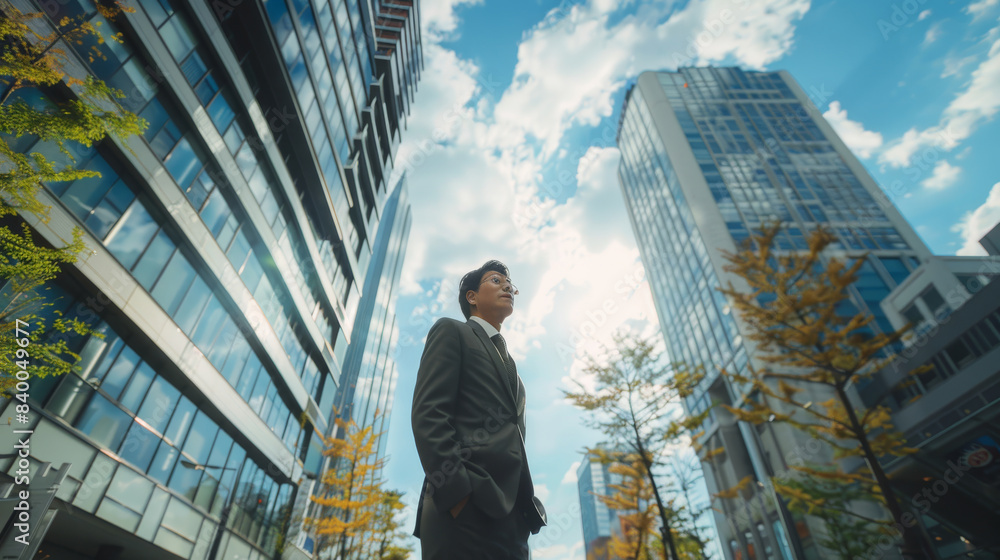 A Korean man in a casual suit standing near modern Tower. Generative AI. A Korean man in a casual suit standing near modern Tower. Generative AI.