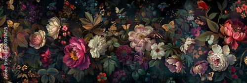 dynamic beautiful fantasy vintage wallpaper botanical flower bunch,vintage motif for floral print digital background