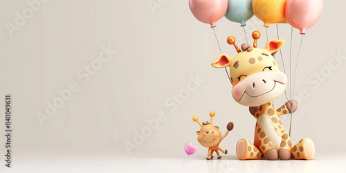 Lustiges Tier mit Luftballon auf farbigen Hintergrund. Einladungskarte für Baby oder Kindergeburtstag. © Thomas Meinert