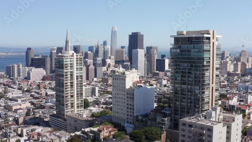 Wide panning aerial shot of downtown San Francisco, California from Lombard Street on Russian Hill. 4K