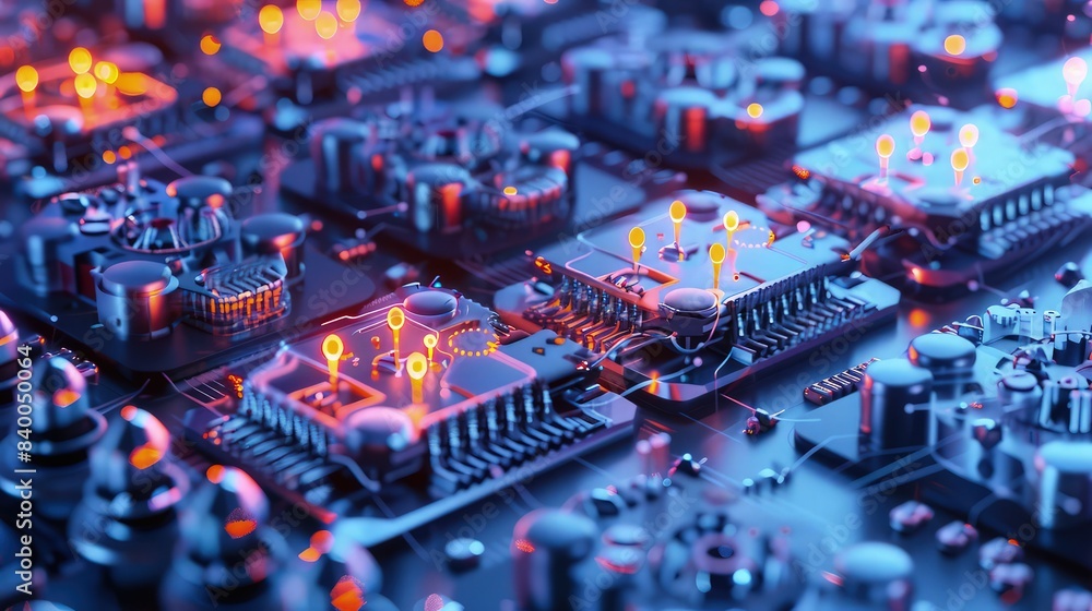 Fototapeta premium A high-resolution illustration depicting a series of nanofabricated biosensors on a silicon wafer, each sensor equipped with molecular recognition sites glowing under UV light to indicate activity.