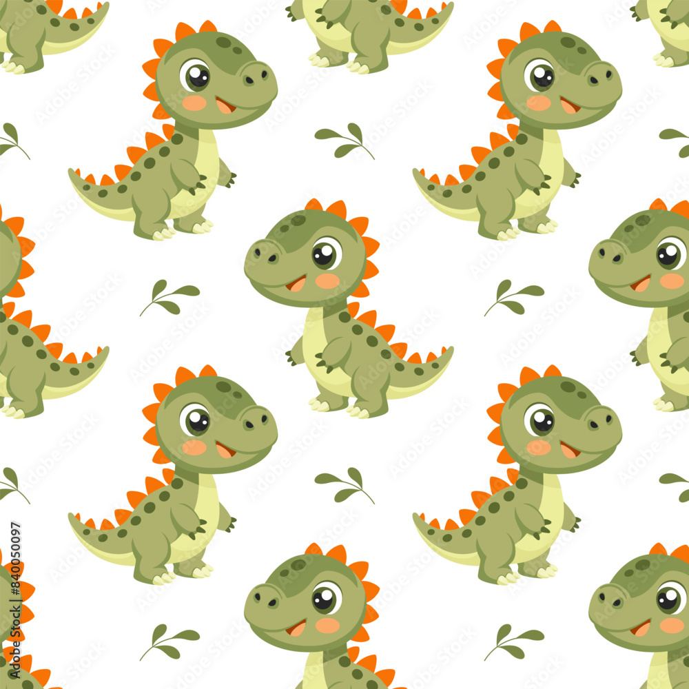 Obraz premium Cute dinosaurs seamless pattern. Background with dinosaurs and tropical leaves. Scandinavian design for baby clothes, shirts, fabrics, textiles.